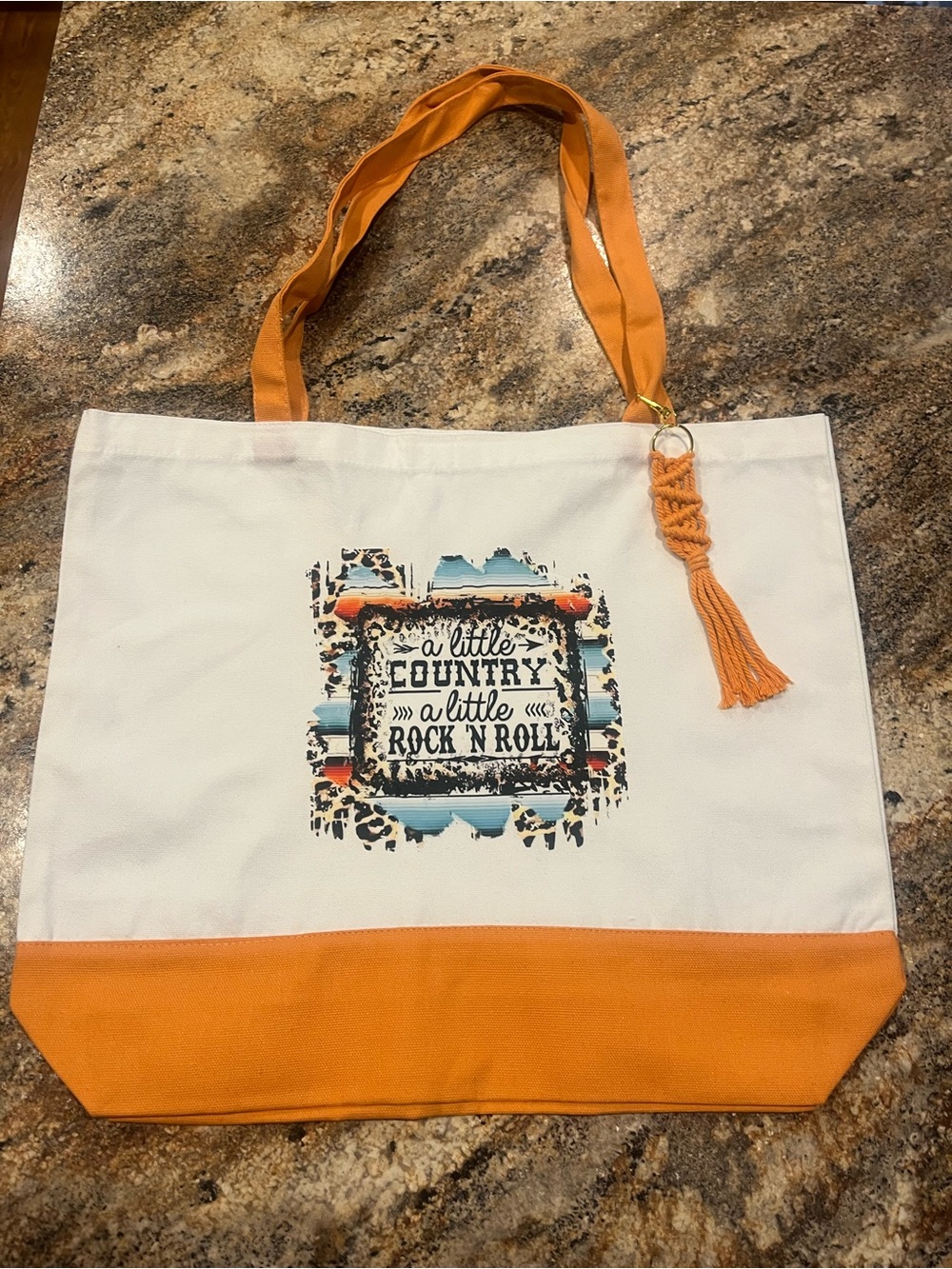 Canvas Tote Bag - White and Orange with Tassel